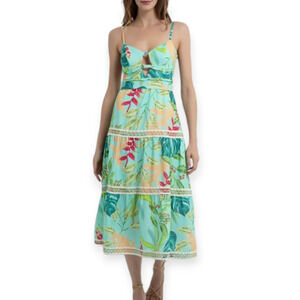 PatBO Tropicalia Jute Trim Leaf Floral Cut-Out Island Midi Dress Size 4